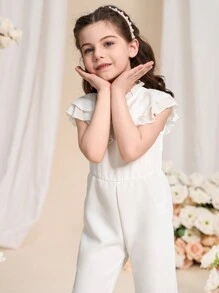 Young Girl Solid Color Frill Trim Simple Romper, Casual Daily Wear - White - View 5