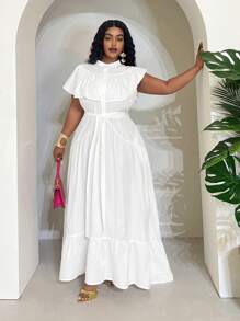 Slaydiva Elegant & Party & Gathering & Date Resort Casual Overall White Solid Color Stand Collar Partially Open Front Ruffled Patchwork Waist Tie Asymmetrical Hem Plus Size Dress - Z - White - View 6