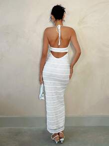 SHEIN BAE Đầm dài đi chơi ngày lễ thêu cổ yếm xuân hè cho nữ, trang phục sinh nhật cho nữ, trang phục mùa hè cho nữ, váy ngày lễ tình nhân - trắng - Xem 2