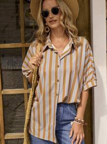 LanaWest 女式短袖纽扣条纹休闲衬衫，适合居家和户外