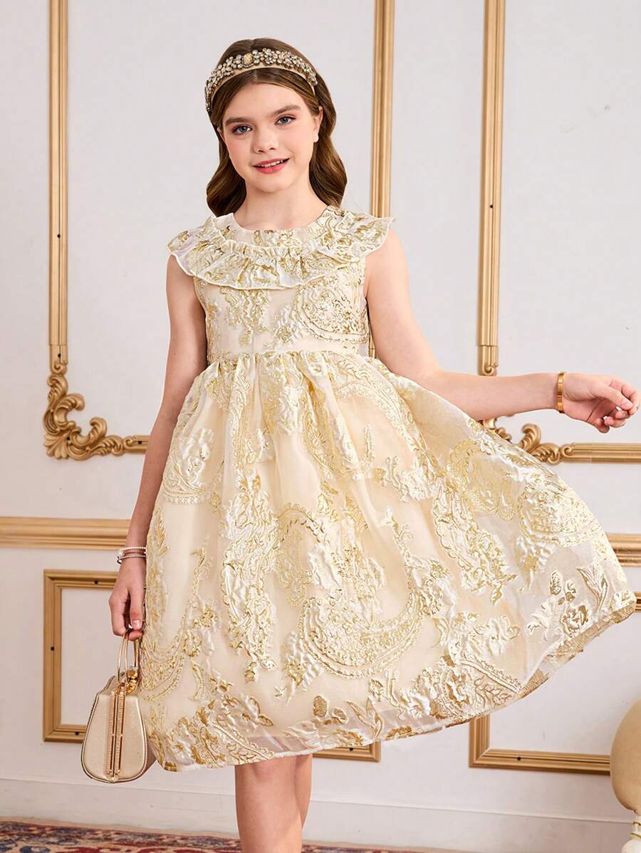 Girls' Ruffles Embroidered Organza Princess Dress, Elegant Formal Party Dress, Tween Girl Princess Costume - Gold - View 1
