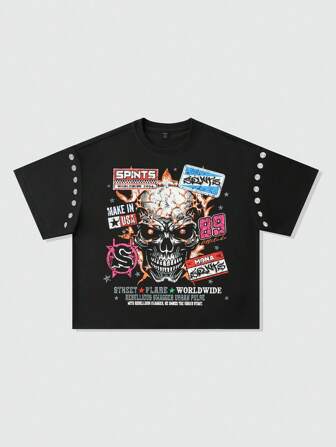 Street Life Camiseta de corte boxy con estampado de calavera y eslogan para hombres, top de concierto, Halloween
