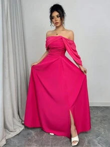 Rafferiza Đầm xòe trễ vai cổ bẻ eo cho nữ - Màu Hồng Tươi - Xem 3