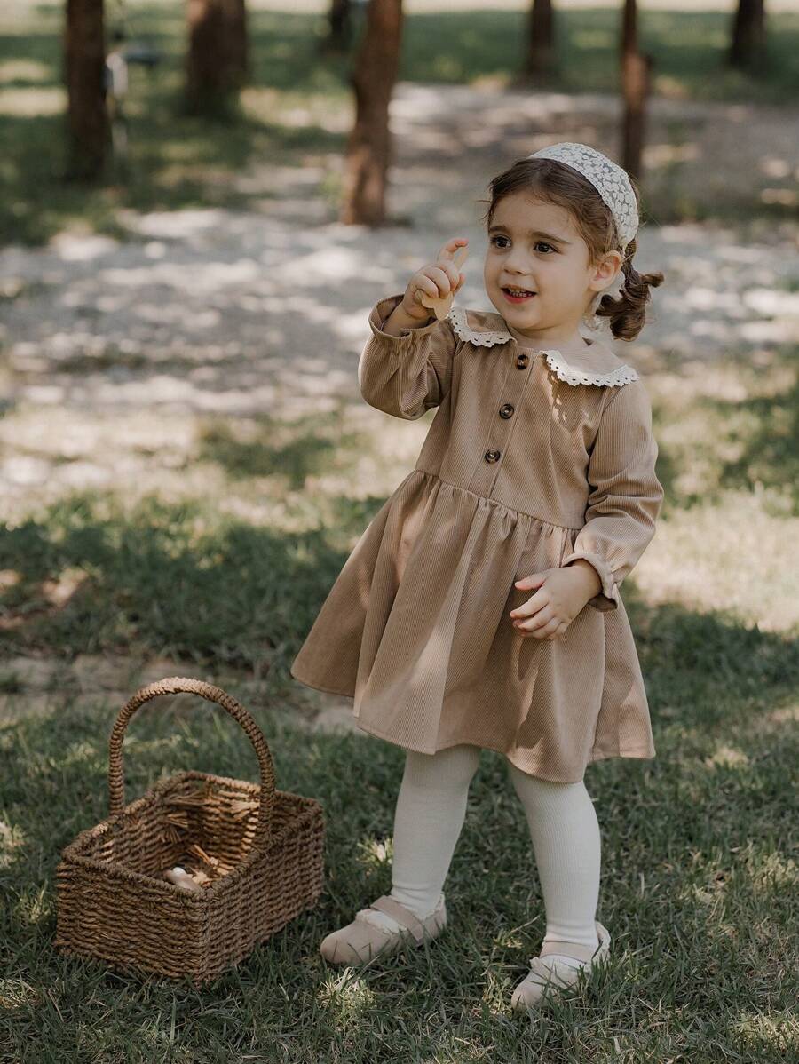 SHEIN Vestido de corduroy color caqui con estampado floral de estilo rural para niña, para otoño/invierno - Caqui - Ver 1