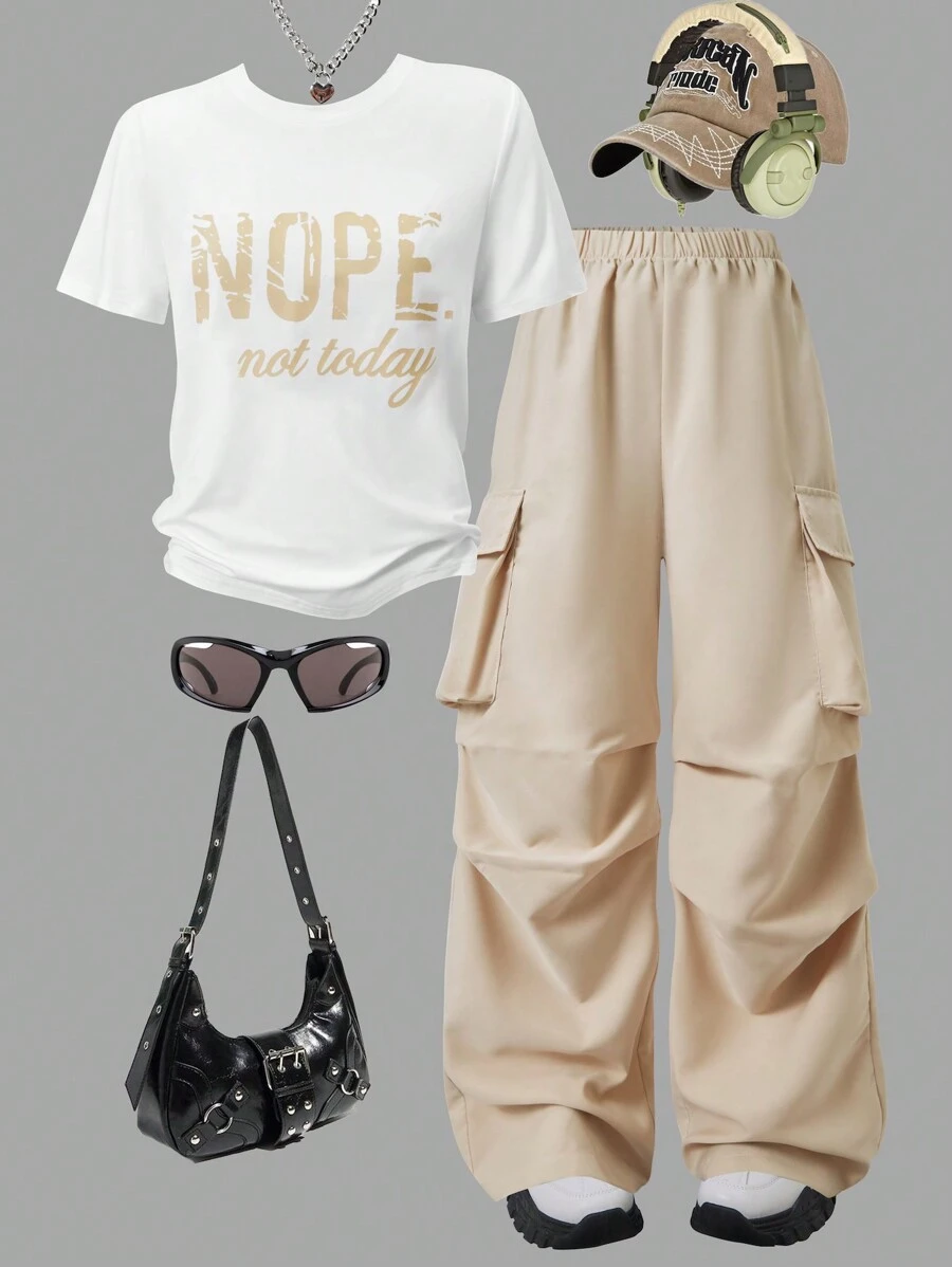 Bộ 2 áo thun cổ tròn in chữ cho bé gái tuổi teen + quần ống rộng, phong cách đường phố thường ngày - Màu Khaki - Xem 1