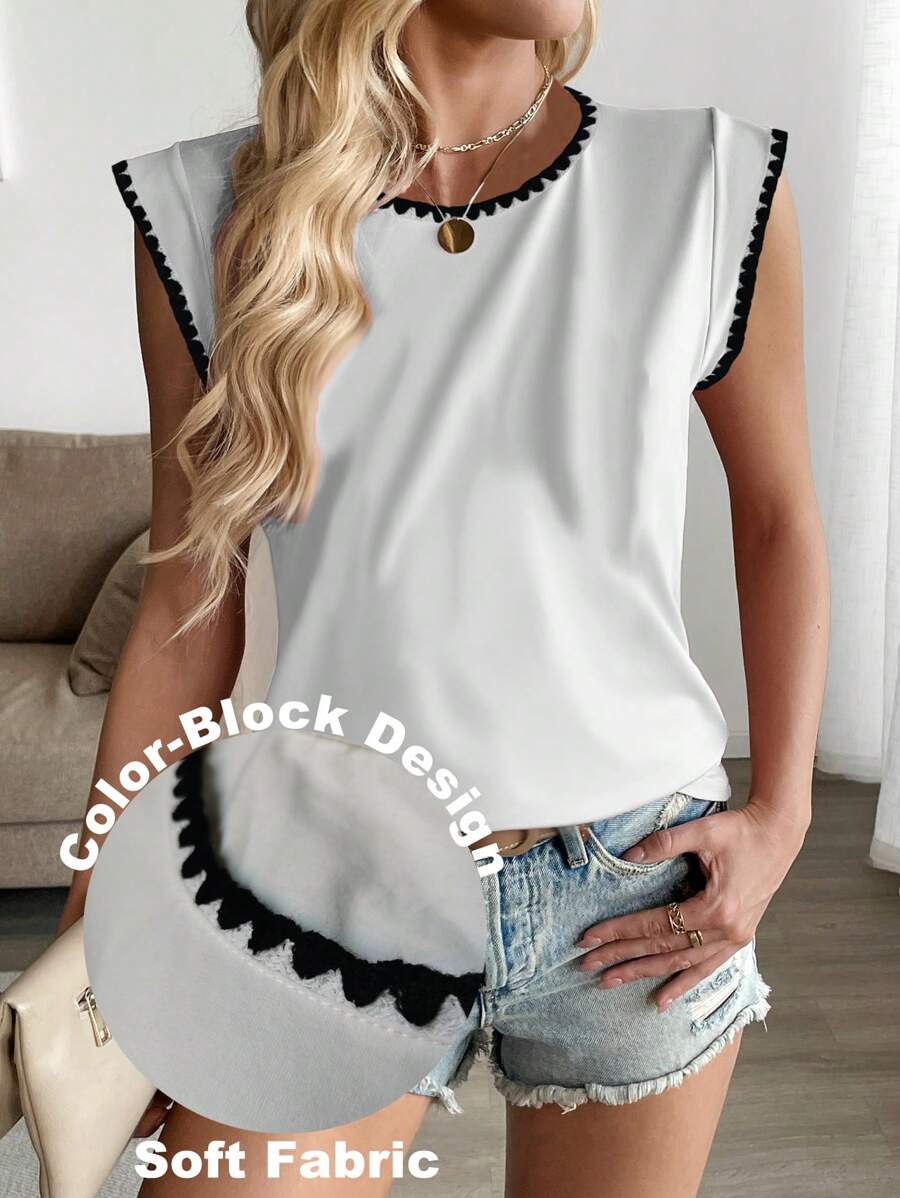 SHEIN LUNE Casual Fit Round Neck Short Cap Sleeve Contrast Ribbon T-Shirt - White - View 1