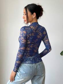 EgrlEra Women's Dark Blue Lace Long Sleeve Top: Sheer Floral Mock Neck Crop Top - Navy Blue - View 2