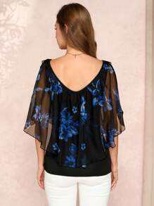 SHEIN Clasi 蓝色花卉印花露肩短袖修身女式T恤女士夏季服装情人节服装度假服装女士夏装女士露肩上衣花朵上衣露肩上衣雪纺上衣 - 藍色和黑色 - 查看 2