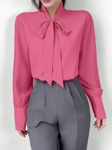 SHEIN LUNE Blusa elegante de manga larga con cuello de corbata de unicolor para mujer - Rosa Fucsia - Ver 5