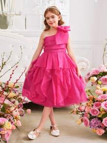 SHEIN Tween Girls' Exaggerated Ruffle One Shoulder Bow Organza Dress - Hot Pink - View 8