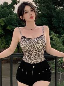 DAZY Women's Leopard Print Lace Patchwork Tank Top Cheetah Print