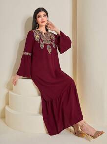 Al Najma Burgundy Red Floral Embroidery Ruffle Hem Dress, Modest Kaftan - Burgundy - View 5