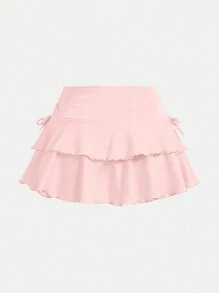 SHEIN Girlism Teen Girl's Drawstring Waist Ruffles Cake Pink Skirt With Shorts, Casual