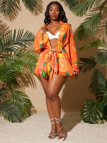SHEIN SXY Plus Size Front Tie Long Sleeve All-Over Print Casual Shirt - Multicolor - View 4