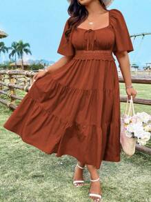 Sunnyshic Robe ample pour femmes avec col carré à encolure en forme de cœur de poulet, manches à volants, patchwork, coupe évasée, style vintage, décontracté, mignon et élégant. Robe d'été petite taille