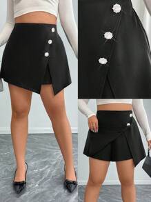 SHEIN Unity Plus Size Women's Elegant Woven Fabric Solid Color A-Line Rhinestone Button Shorts, Suitable For Commuting