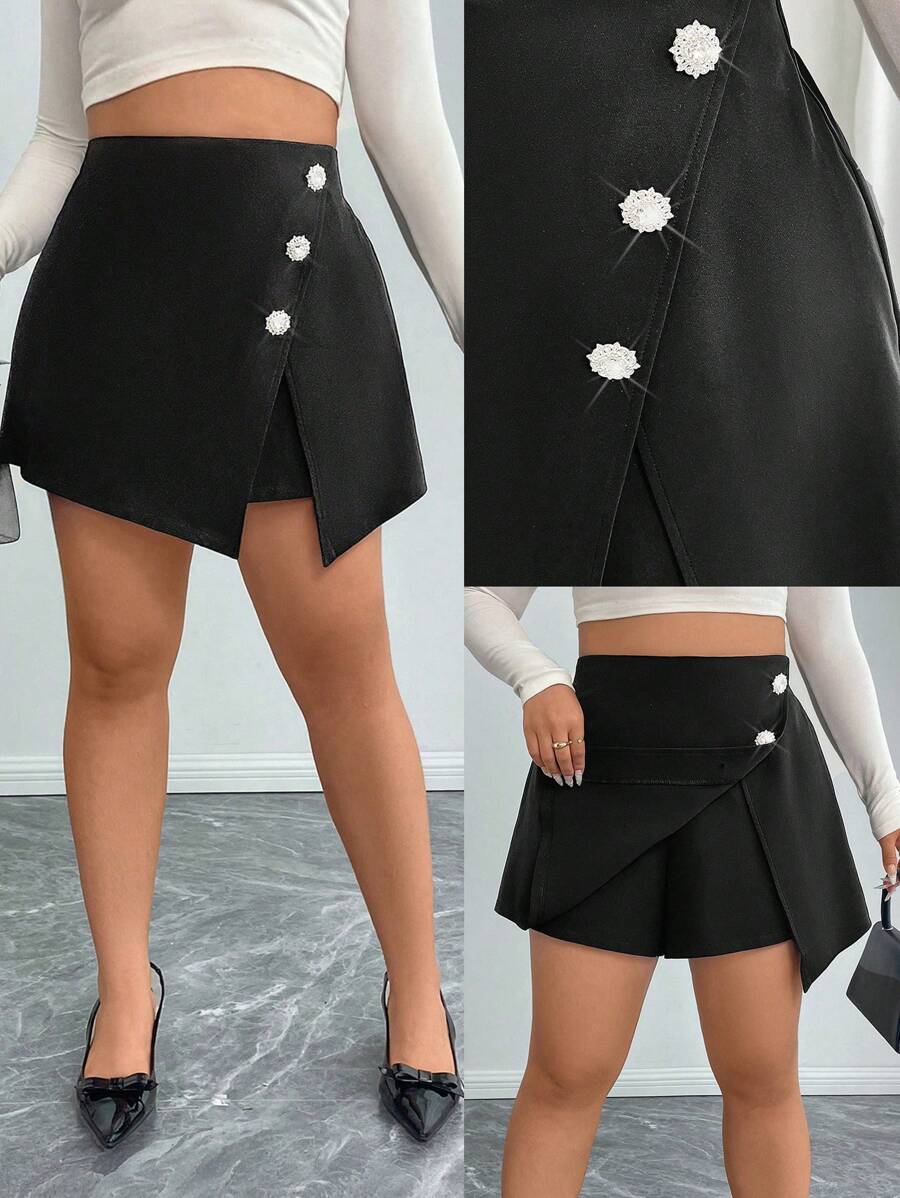 SHEIN Unity Plus Size Women's Elegant Woven Fabric Solid Color A-Line Rhinestone Button Shorts, Suitable For Commuting