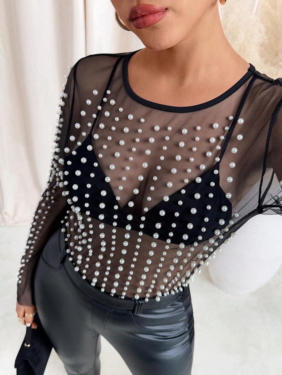 SHEIN Clasi Women's Mesh Pearl See-Through Blouse, Fashionable & Sexy For Valentine's Day Festival - Black - View 1