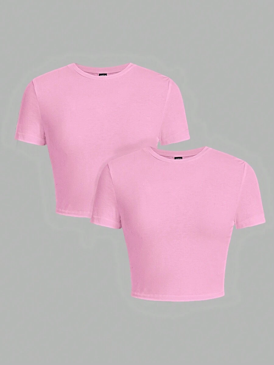 SHEIN Muchic Summer 2pcs Set Casual Round Neck Short-Sleeved Tight-Fitting Women's T-Shirt, Suitable For Summer - Pink - View 1