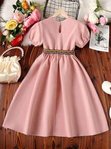 SHEIN Tween Girls Puff Sleeve Geometric Belt Cinched Waist A-Line Dress