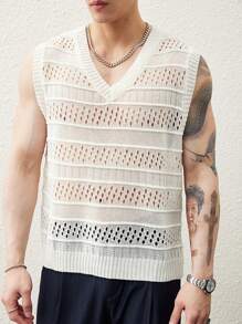Claim Dot 男士纯色 V 领无袖镂空休闲针织背心 - 彩色 - 查看 3
