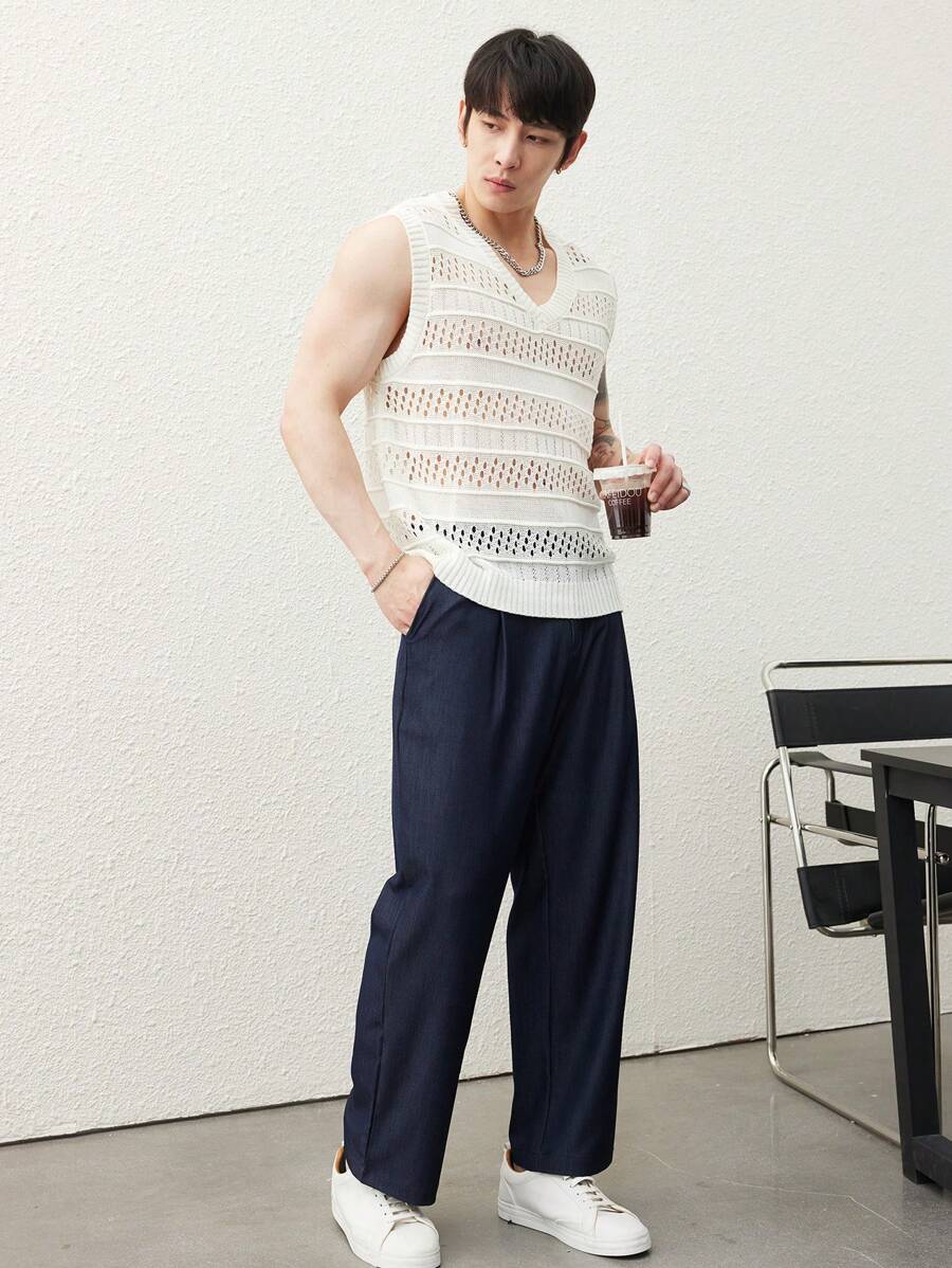 Claim Dot 男士纯色 V 领无袖镂空休闲针织背心 - 彩色 - 查看 1