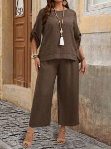 EMERY ROSE Plus Size Vacation Casual Solid Color Roll-Up Sleeve Shirt And Pants 2 Pieces Set - Coffee Brown - View 5
