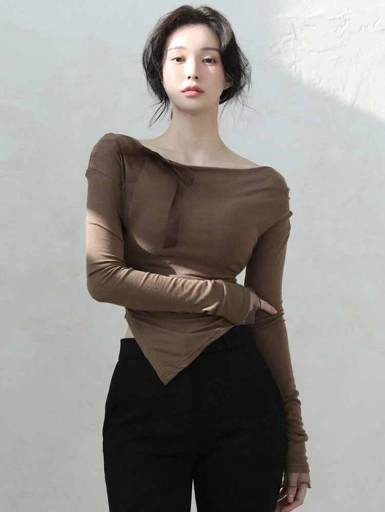 Women's Off Shoulder Asymmetrical Hemline Organza Bow T-Shirt Long Sleeve Women Tops,Fall Women Clothes
