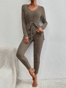 EURMUSE Cotton Solid Ribbed Knit Belted Tee & Leggings - Maroon - View 3