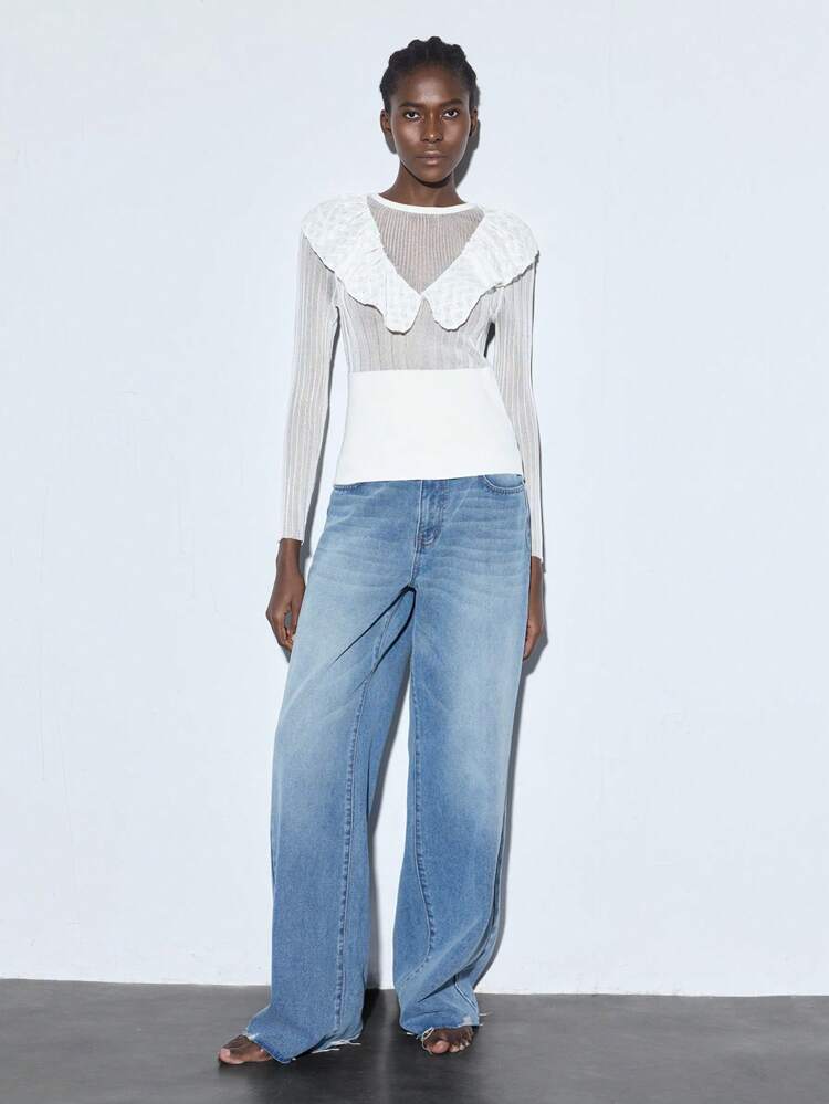 SHEIN Maija Pull en tricot ajusté à manches longues, col V à volants, en patchwork de tissu blanc, pour femmes, printemps/été