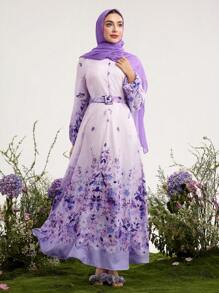 Graceveil Stand-Collar Print Dress With Belt