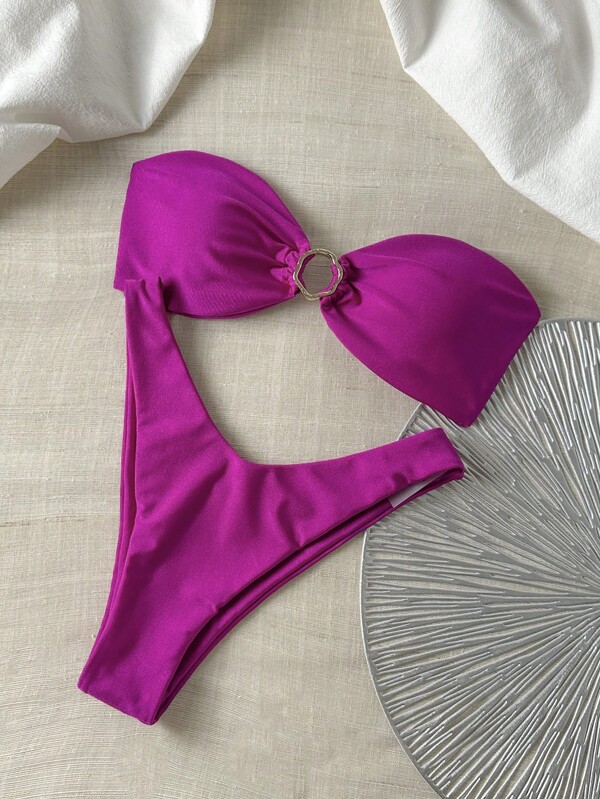Swim Chiccia Springbreak Bustieră metalizată cu decor uni pentru femei și set de bikini sexy cu croială înaltă, îmbrăcăminte de plajă de vară
