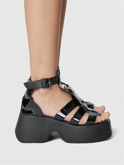 Women Dark Rock Punk Gothic Shoes Summer Open Toe Ankle Strap Roman Beach Sandals With Lace Trim, JK Shoes, Closed Toe Mary Jane Flat Party Dress Shoes, Platform Wedge Sandals Spring Shoes Spring Break Easter, Halloween