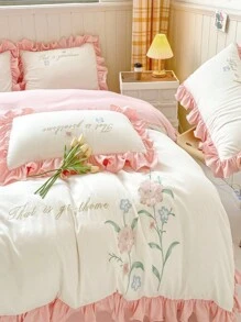 Floral Letter Pattern Bedding Set, Minimalist & Fresh For Home Use,Fall Decor,Autumn Decor,Room Decor