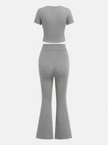SHEIN 2 Pieces Teen Girl Set, Grey Basic Short Sleeve Cropped Knit Top And Flare Long Pants, Elegant Casual Vacation - Grey - View 2