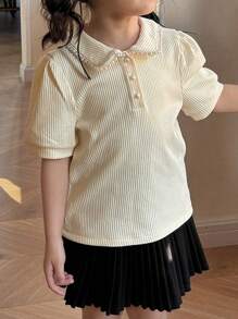 DAZY Young Girl Cute Collar Short Sleeve Knit T-Shirt,Girls Summer Outfits - Beige - View 8