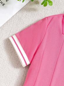 Tween Girl 情人节粉色和白色条纹 Polo 领短袖休闲连衣裙 - 玫紅色 - 查看 4