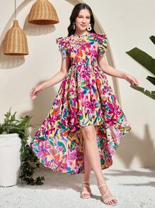 SHEIN Leap Crew 少女休闲雪纺热带碎花荷叶边圆领不对称下摆连衣裙，适合节日、庆典、午餐、音乐活动、户外 - 彩色 - 查看 5