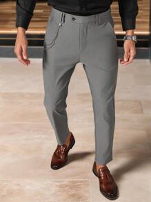 Manfinity Mode Pantalones casuales de corte recto y cómodo con bolsillo con solapa para hombres, ideales para ir al trabajo