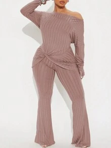 SHEIN EZwear 2pcs Plus Size Solid Color Asymmetrical Neck Long Sleeve Twist Detail Casual Top & Pants Set - Dusty Pink - View 1