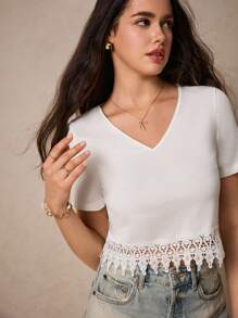 Poéselle Cotton Guipure Lace V Neck Tee - White - View 5