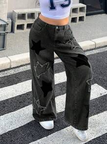 SHEIN ICON 大码女式前扣口袋五角星休闲牛仔裤 - 深灰色 - 查看 4