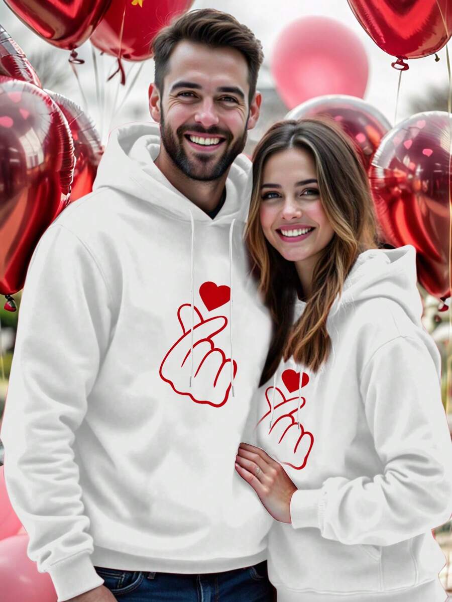 SHEIN LUNE 1 件女士休闲心形印花宽松连帽衫，情人节礼物 - 白色 - 查看 1