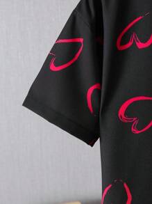 Tween Boy Valentine's Day Casual Short Sleeve Shirt, Collared Heart Print Top For Summer - Black - View 6