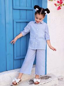 Emery Rose Kids Emery Rose Kids 2 件套少女梭织条纹休闲衬衫和宽松梭织休闲裤套装 - 藍色 - 查看 4