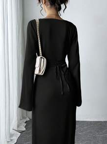 Siren Gaze Váy dài bằng vải satin màu trơn, cổ tròn đơn giản và thời trang, tay chuông bằng vải satin, váy dạ hội buộc dây và bó sát, váy gợi cảm, váy dài nữ, váy ngày lễ thanh lịch màu mơ, váy lễ tạ ơn, váy dự tiệc ngày lễ nữ, váy đêm giao thừa - màu đen - Xem 2