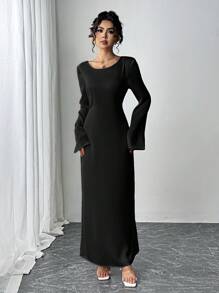 Siren Gaze Váy dài bằng vải satin màu trơn, cổ tròn đơn giản và thời trang, tay chuông bằng vải satin, váy dạ hội buộc dây và bó sát, váy gợi cảm, váy dài nữ, váy ngày lễ thanh lịch màu mơ, váy lễ tạ ơn, váy dự tiệc ngày lễ nữ, váy đêm giao thừa - màu đen - Xem 4