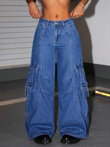 SHEIN ICON Women Front Button Pocket Casual Loose Denim Jeans, Everyday Wear - Blue - View 4