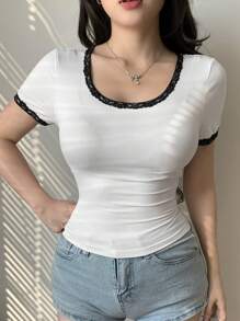 DAZY Women Colorblock Contrast Lace Round Neck Slim Fit Short Sleeve T-Shirt - White - View 1