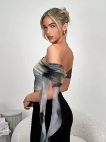 SHEIN Privé Top moulant à volants asymétriques, épaules dénudées, teinture nouée, taille froncée, ourlet pour festival, Saint-Valentin, concert, rave pour femmes - Multicolore - Voir 8